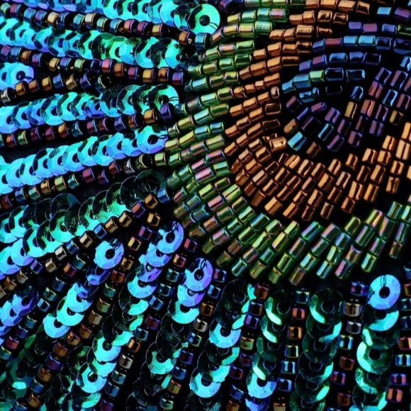 Peacock Feather 20s 30s Retro Sequin Clutch Purse Blue Evening Bag Chain Strap - Picture 4 of 11